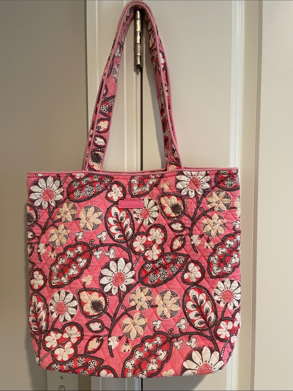 Vera Bradley Pink Floral Quilted Tote with Red and Cream Accents